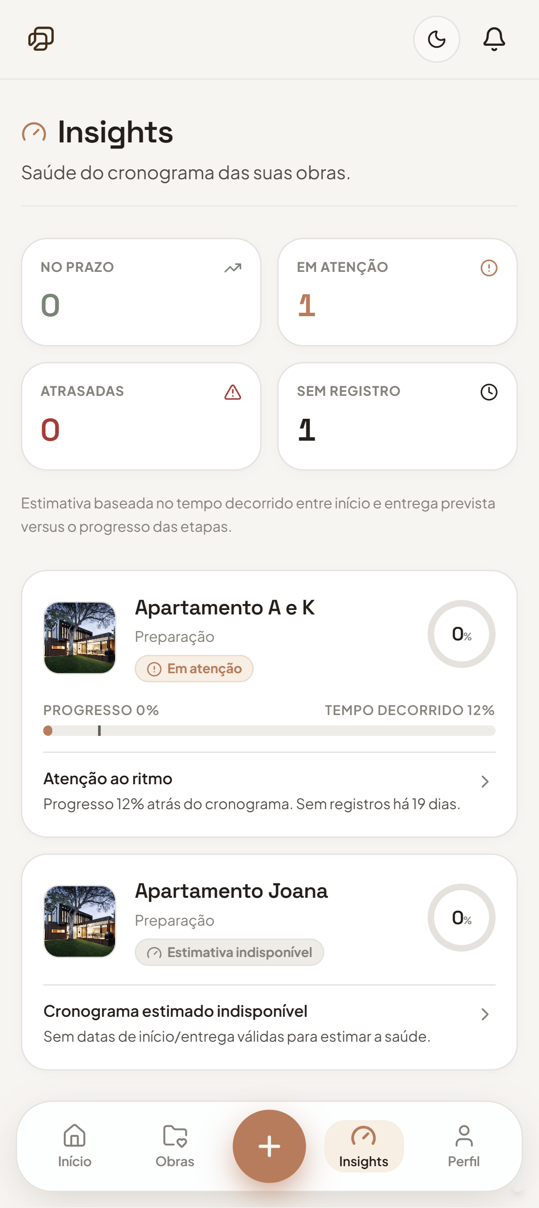 Tela de Insights do app Obrii: cartões No prazo, Em atenção, Atrasadas e Sem registro, com a saúde do cronograma de cada obra