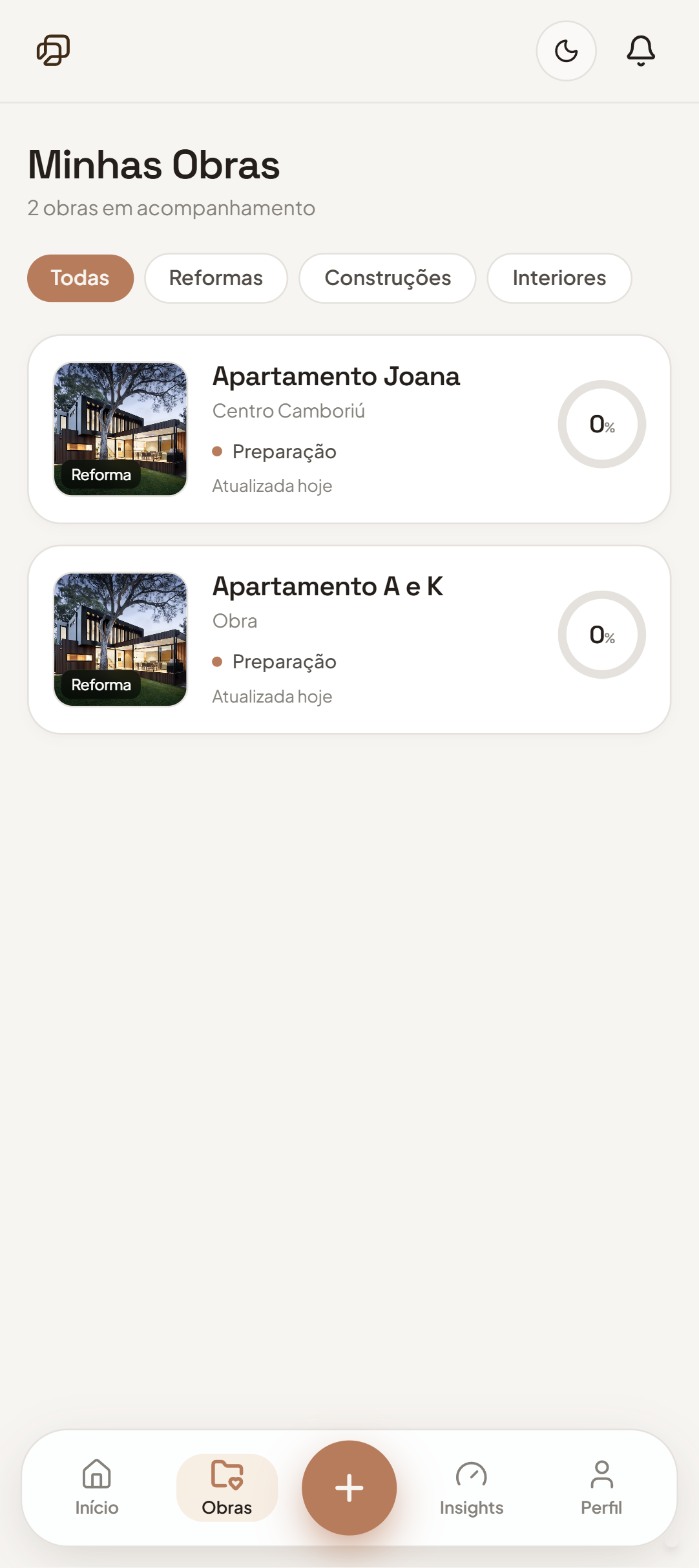 Tela Minhas Obras do app Obrii: lista de obras com foto, tipo, etapa atual e progresso de cada uma